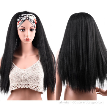 Black Red 24 Inch Chic Style Kinky Straight Hair Headband Wig With Pre-attached Scarf Synthetic Yaki Straight Headband Wigs